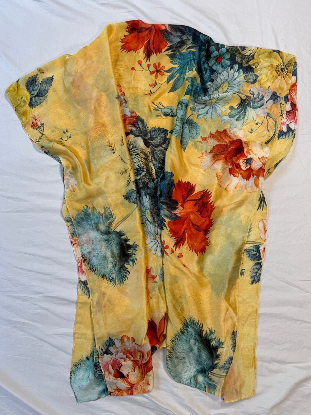 Yellow Floral Satin Batwing Kimono Sleeve Cover-Up/Shawl/Sarong/Scarf